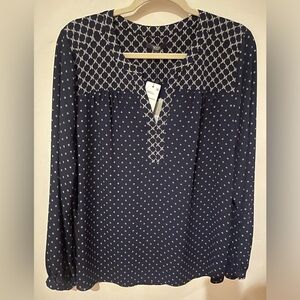 NYDJ blouse, new with tags. navy with cream colored details, size L